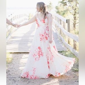 Lulus Cream and Coral Print Wrap Maxi Dress, medium